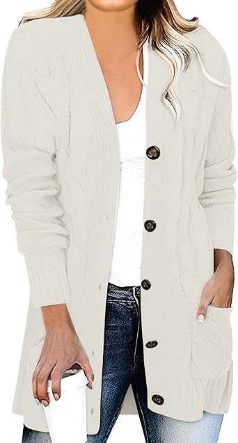 Cardigan Sweaters for Women Comfy Long Sleeve Chunky Cardigan Button Down Open Front Cable Knit Cardigan with Pocket