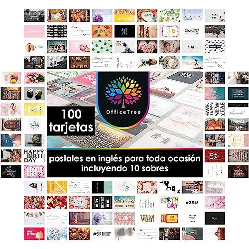 OfficeTree Conjunto de 100 cartões de felicitação A6 com 10 envelopes, cartões postais ingleses para todas as ocasiões com cartões postais de casamento, aniversário e Natal, conjunto de cartões