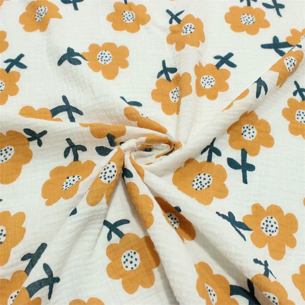 Tejido de gasa doble, Tela Seersucker Crepe De Algodón Estampada Flores Blanco 100x135cm