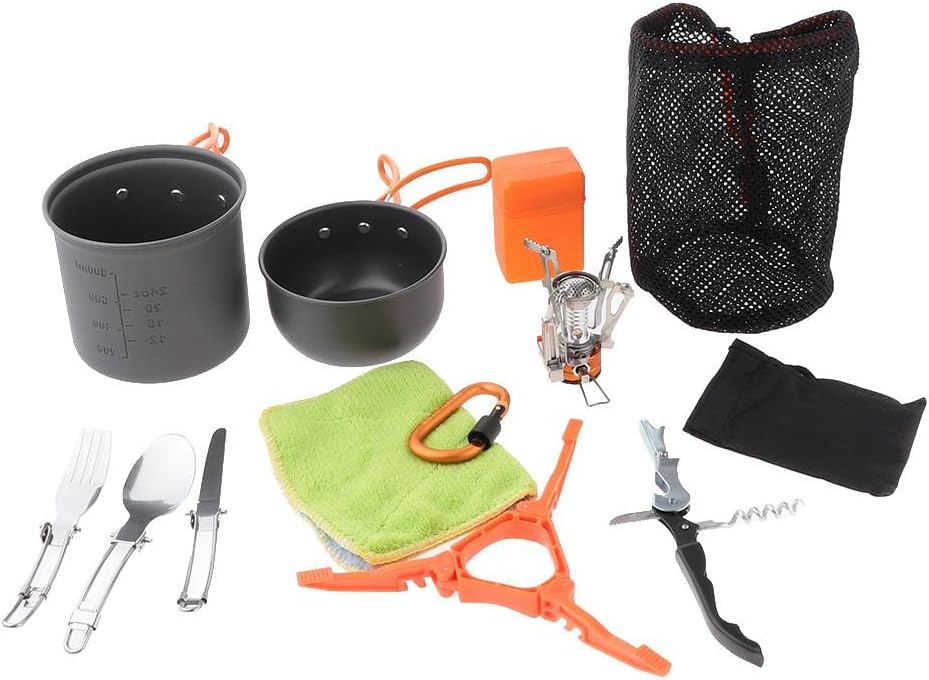 Non-Stick Camping Cookware Set Pot Pan Spoon Wine Opener Picnic BBQ Hiking Backpacking Stove Utensil - Orange