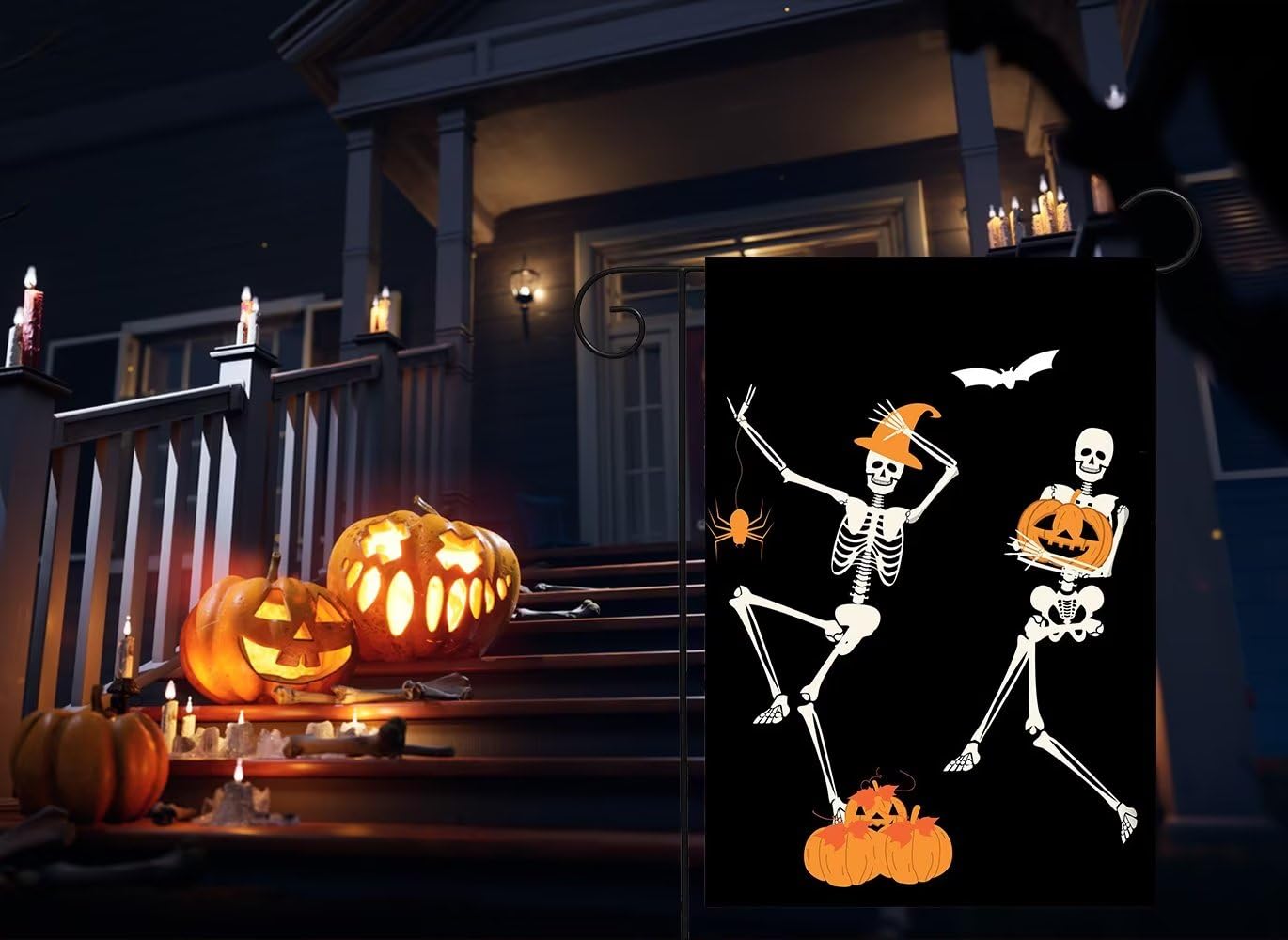 Covido Halloween Gartenflagge | Gruseliges Skelett Mit Hund & Spinnennetz | Doppelseitig, Jute-Optik, 32,5 X 45,7 Cm