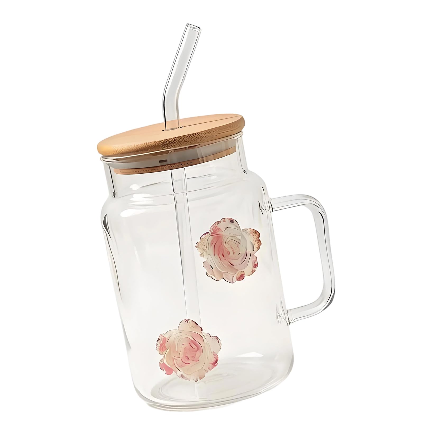 BOYANDM Wooden Lid Glass Cup with Carry Handle and Straw Clear Square Drinking Glasses Mug for Coffee Juices Glass Mug with Lid and Straw Handle