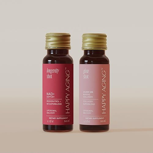 Happy Aging Disparos de longevidad y brillo NAD+  Energía celular + piel radiante  Absorción 10x  Resveratrol liposomal y colágeno marino  20