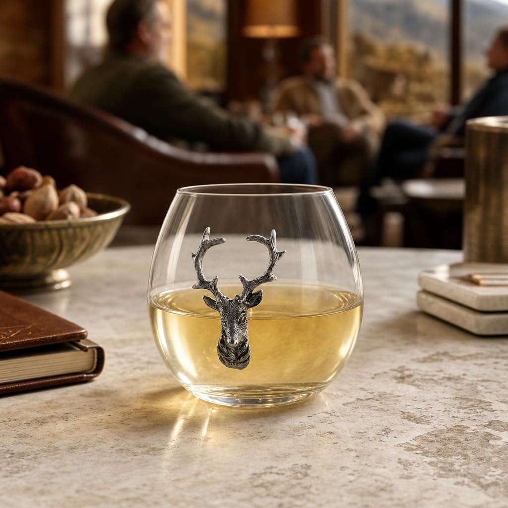 Vagabond House Copa de vino sin tallo de ciervo/alce, cristal soplado a mano de alta calidad, estilo cabaña, perfecta para vino rojo/blanco, 3.25 pulgadas de alto, 12 onzas, mejora tus degustaciones
