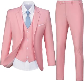 Mens Suit Solid Two Button Slim Fit Suit Set for Wedding Formal Business Suit Men 3 Piece Suit Blazer Vest Pants Set