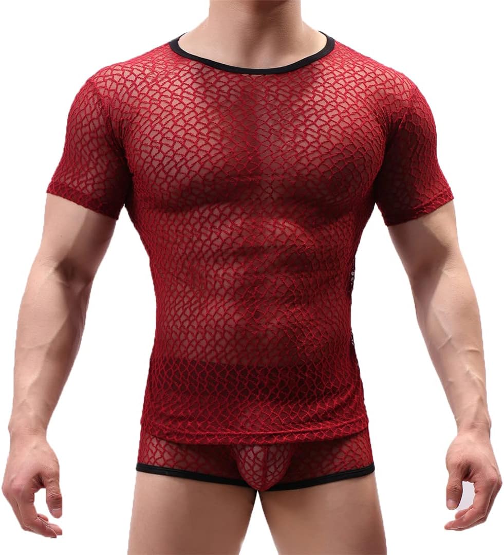 Zadaos Men See Through Wrestling Singlet Mesh T-Shirt Underwear Sheer Wear Transparent Fishnet Top Boxer Set