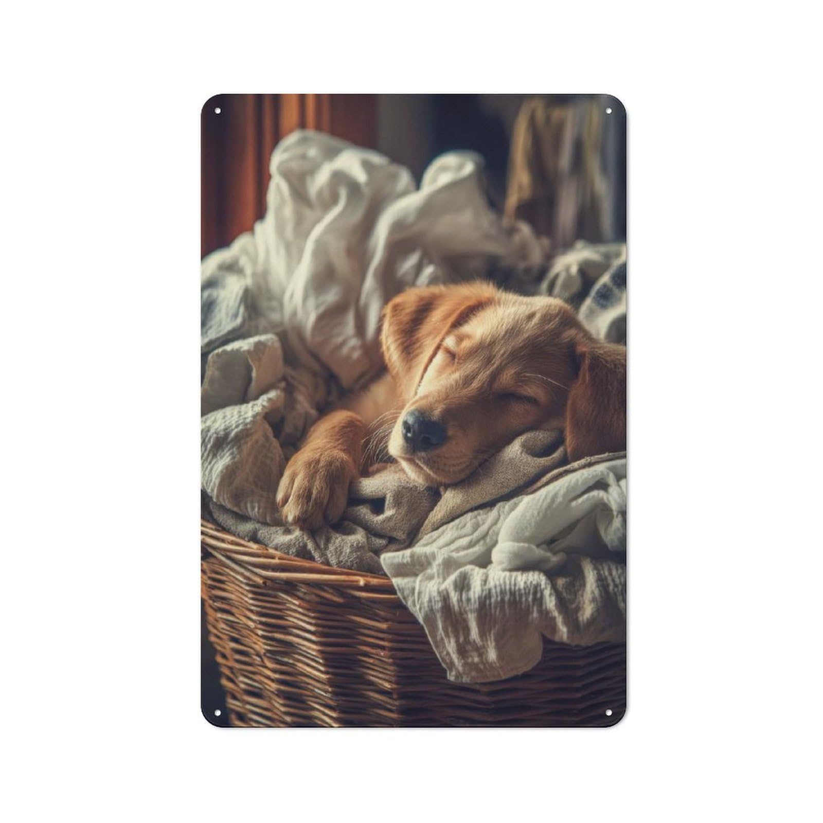 Junmoney Sleeping Puppy In Laundry Basket Retro Metal Wall Decor 30X20cm, Tin Wall Sign For Bakery, Diner, Cafe Or Family Room