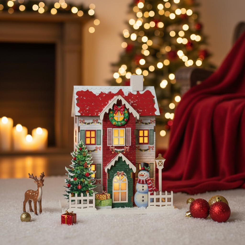 PE Maison de Noël Lumineuse Bois LED, 23.5cm Décoration Cheminée Ambiance, Fonctionne à Piles Figurine Village Hivernal, Cadeau de Noël (Piles Non Fournies).