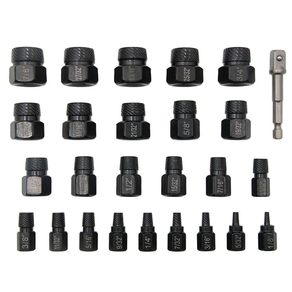 Juego de 26 extractores de tornillos, 3/8 pulgadas, removedor de pernos rotos para pernos pelados, acero cromado de alta dureza con flautas en espiral inversas