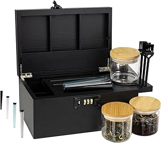 Premium Large Bamboo Box with Combination Lock,Storage Decorative box,Storage Lockbox Set with Plentiful Accessories 3 Jars & 3 Brushes&4 Tubes,Removable Tray,Detachable Compartment,Elegant Black