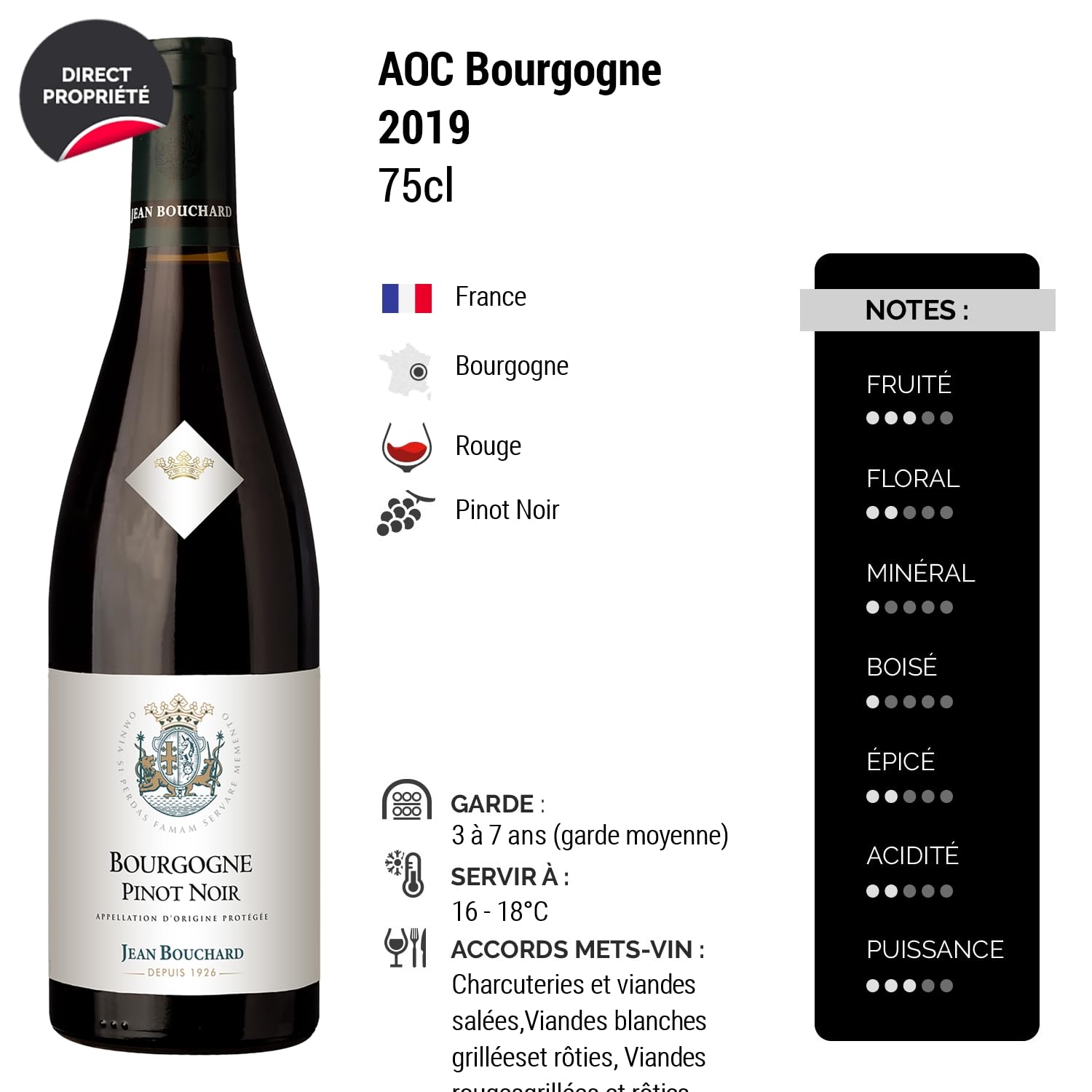 Bourgogne Pinot Noir - Rouge 2019 - Jean Bouchard - Vin Rouge de Bourgogne (3x75cl)