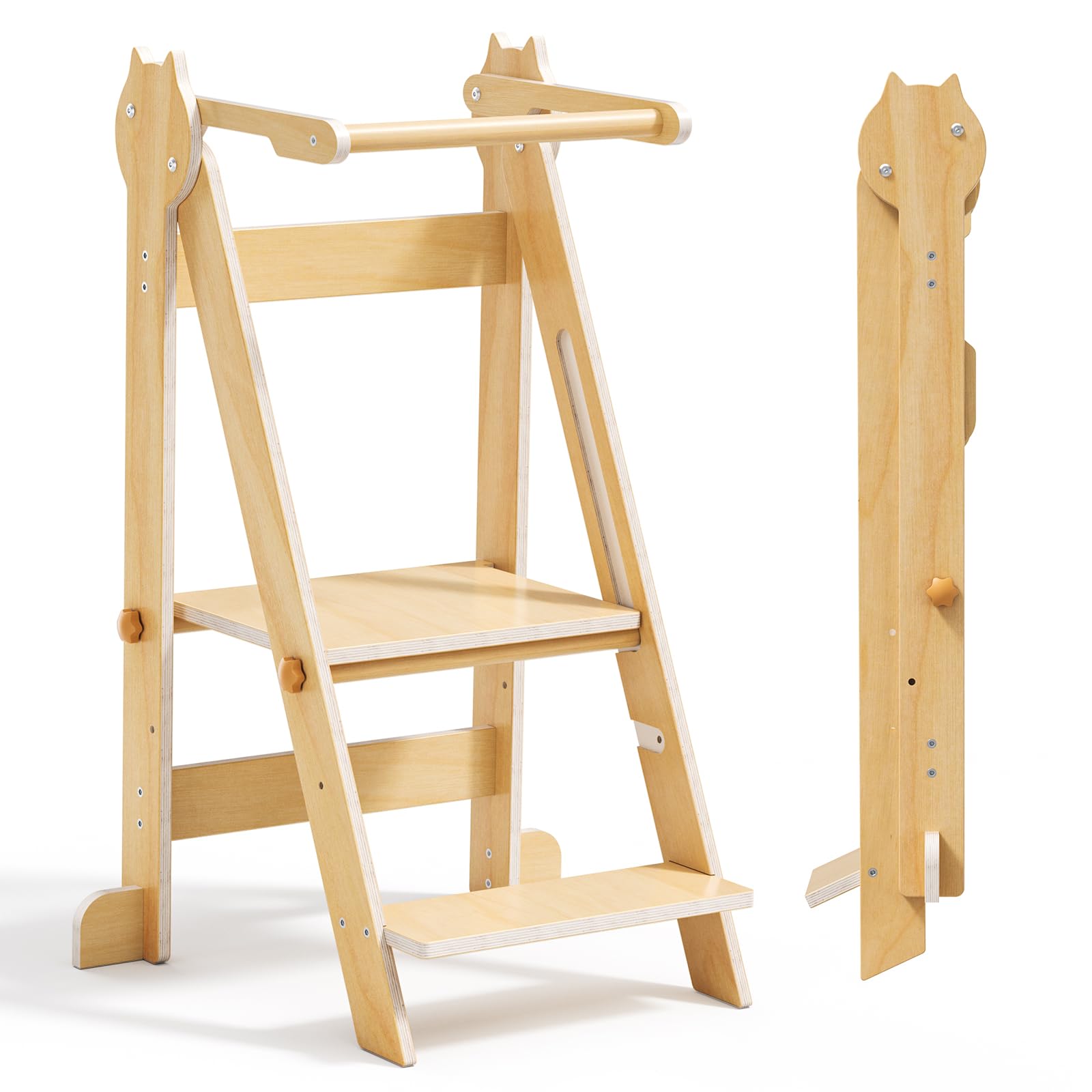 Aoykkii Folding Learning Tower, 2 Steps Height Adjustable Children's Step, Multipurpose Tower for Children Easy to Assemble (Wood Colour)