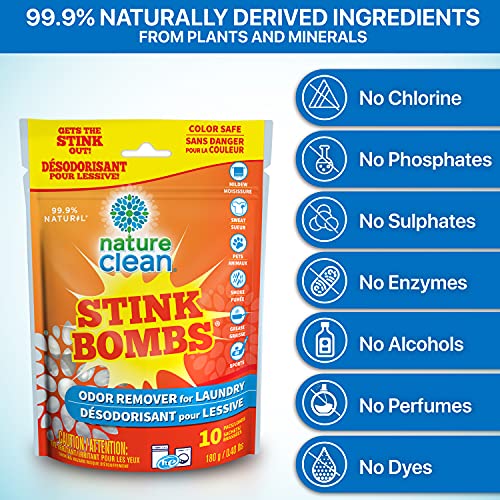 Nature Clean Stink Bombs - Natural Laundry Odor Eliminator Pods. Pet Odor Eliminator For Home, Laundry Deodorizer & Strong Odor Remover For Clothes, Activewear, Sport, Sweat, Smoke & More, 10 Count #TOP2