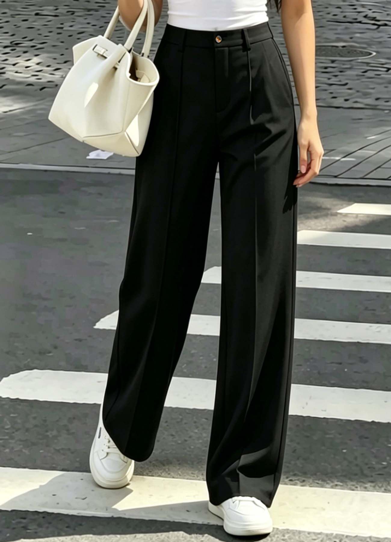 TZLDN Pantaloni da donna per feste, eleganti, neri, in tessuto, pantaloni chino, larghi, pantaloni pieghevoli Palazzo Businiess