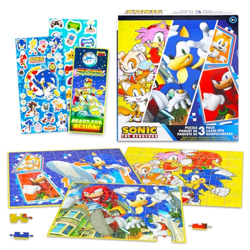 Sonic The Hedgehog Puzzle for Kids Set - Bundle with 3 Sonic Jigsaw Puzzles, Stickers, More | 1: 48 Pc and 2: 100 Pc Sonic Puzzles for Kids