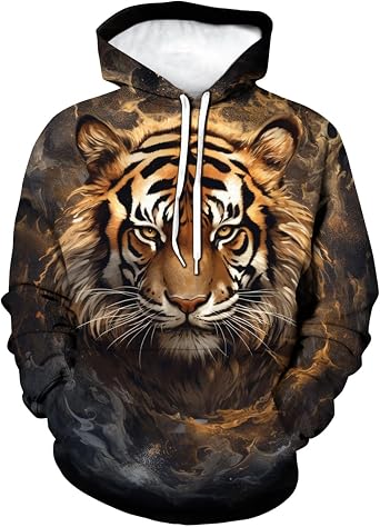 Mens Novelty Tiger Pattern Hoodies 3D Printed Sweatshirt Pullover with Pocket