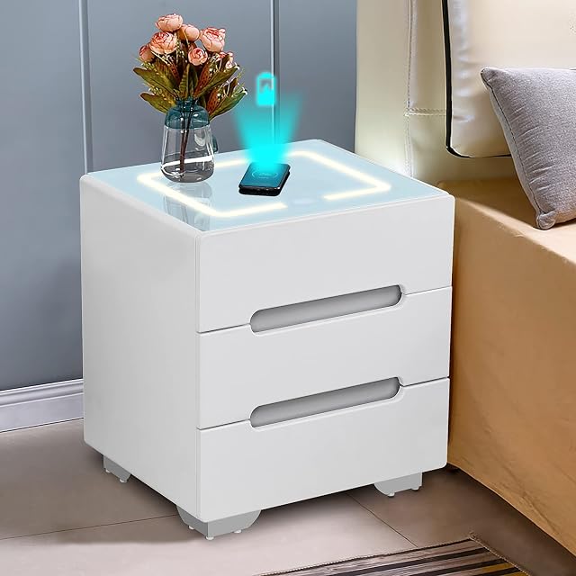 TUKAILAi Smart Bedside Table with Function of Mobile Phone Wireless Charging, 3 Color LED, 3 Drawers, Chest of Drawers Nightstand Bedside Table for Bedroom Living Room White
