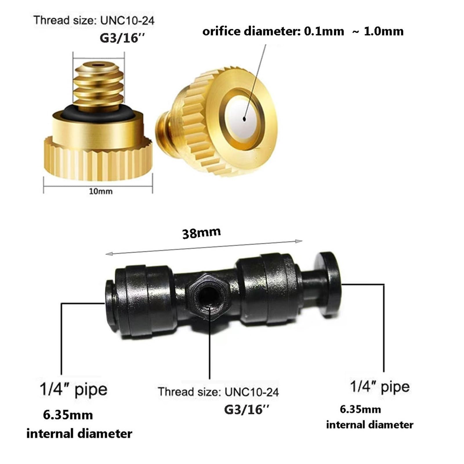 Confezione da 20 ugelli nebulizzatori in ottone e raccordo a T con chiusura scorrevole, 10/24 UNC, ugelli antinebbia e connettore a T per sistema di raffreddamento a bassa pressione, perfetti per