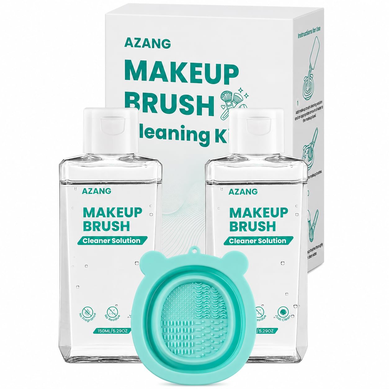 AZANG Makeup Brush Cleaner Solution for Brushes, Sponge and Puff, 2 Pack 150ML Deep Cleaning Brush Shampoo with Silicone Cleaning Mat Bowl, Quick Dry, No Residue-130 Milliliters