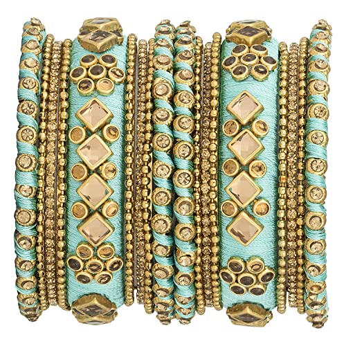 Aheli Ethnic Handmade Silk Thread Faux Stone Studded Bangle Set Chudha Indian Traditional Wedding Wear Fashion Jewelry For Women (Light Green) #TOP1