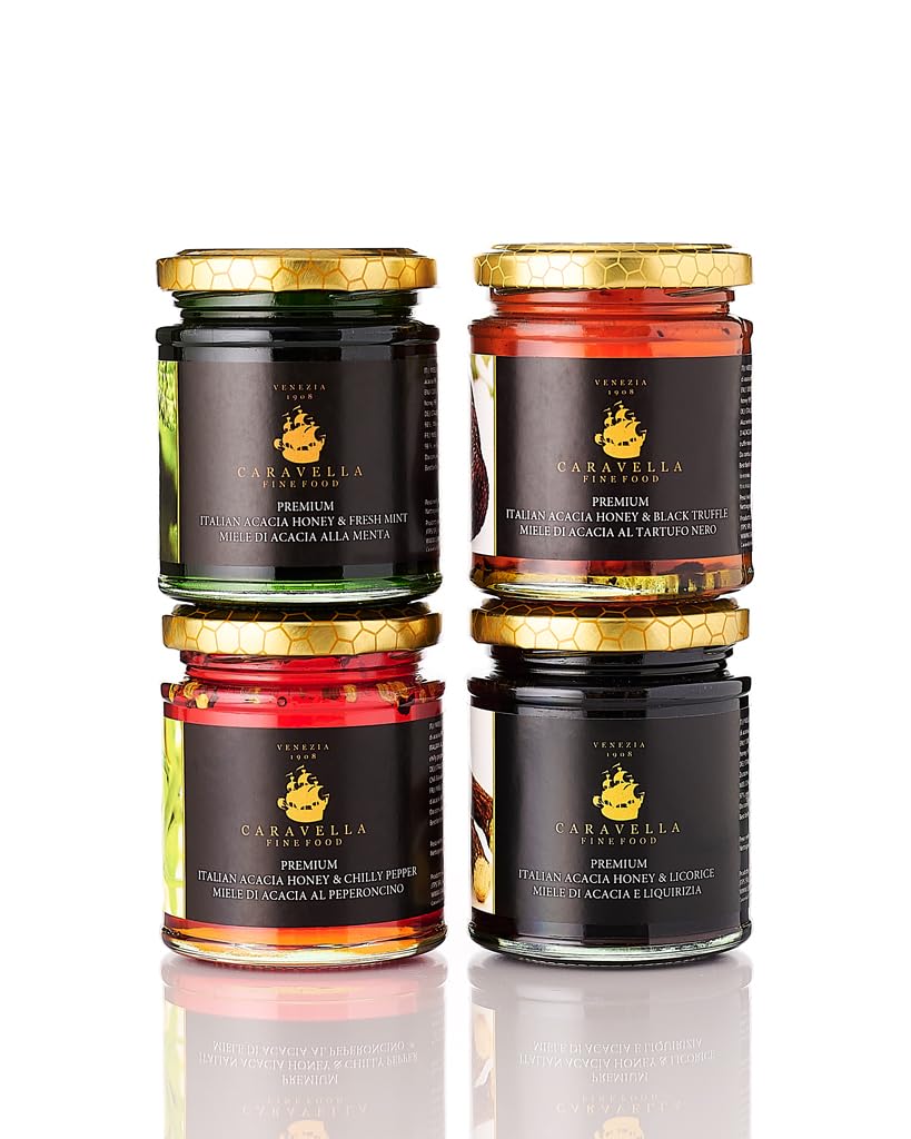 Caravella Fine Food - Pack x 4 Miel de Acacia con Chili 250 gr, Miel de Acacia con Trufa Negra 250 gr, Miel de Acacia con Menta 250 gr, Miel de Acacia con Regaliz 250 gr - Miel 100% Italiana