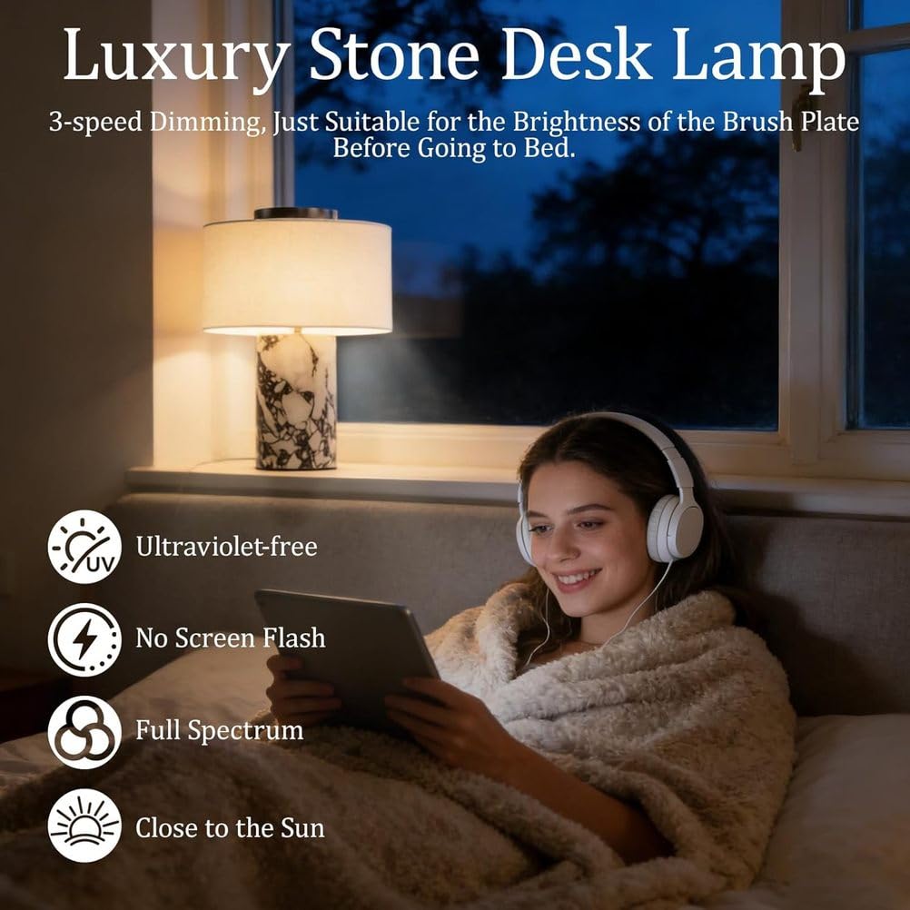 Marble Tischleuchte Luxus Touch Dimmbar Nachttischlampe Akku Tischlampe Kabellos USB-C Aufladbare Stoff Lampenschirm aus Leinen Marble Lamp 3 Farbtemperaturen für Schlafzimmer Restaurant Geschenk