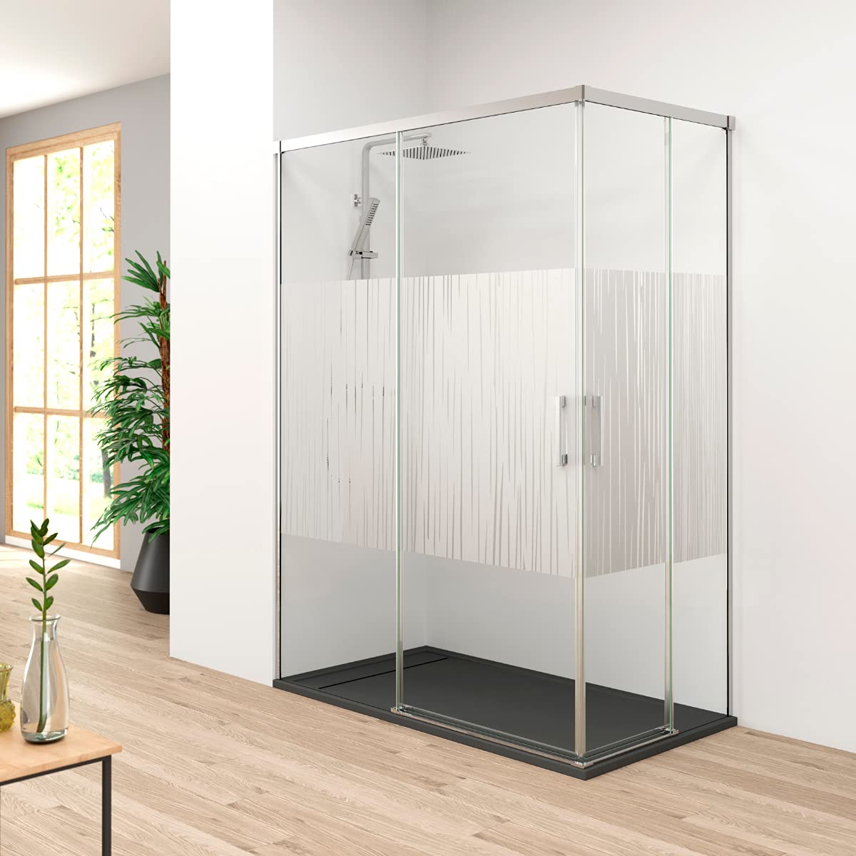 Mampara de Ducha Rectangular Angular Corredera | 2 hojas Fijas + 2 Puertas Correderas SERGIRAFÍA | Cristal Templado 6mm Antical y 195cm de Altura | Serigrafía (Frente120+Lateral90), Cromo Brillo