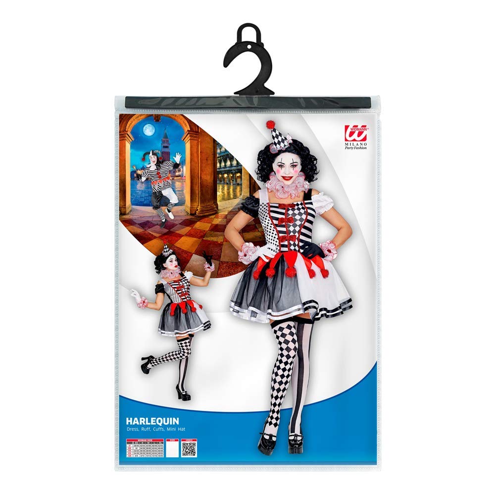 CARTOON Costume di Carnevale Arlecchino Donna Vestito Elegante in Stile Commedia dell’Arte con Gorgiera Polsini e Mini Cappello Travestimento Teatrale e Originale