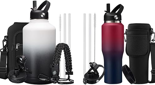 Miniatura 1 de Frasco de agua de 64 onzas y botellas de agua de 32 onzas que se adaptan a portavasos, botella de agua de acero inoxidable con popote, mango de