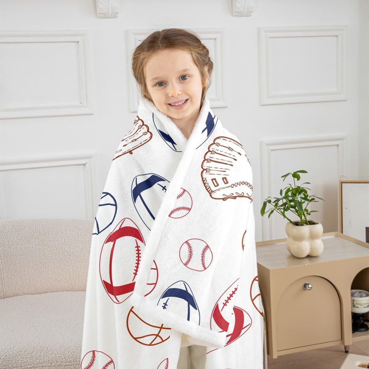 Feelyou Sports Print Throw Blanket Basketball Rugby Print Soft Fleece Sherpa Cozy Fuzzy Plush Warm Baseball Fuzzy Plush Throw Game Throw 50"x60" for Bed Couch Living Room