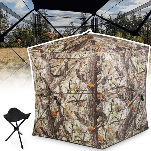 ShedOFF Hunting Blind 1-3 Person with Tri-Leg Hunting Stool, 270 Degree See Through Pop up Ground Blinds for Deer Turkey Duck Hunting, Bow Hunting Adjust Windows with Silent Zipper