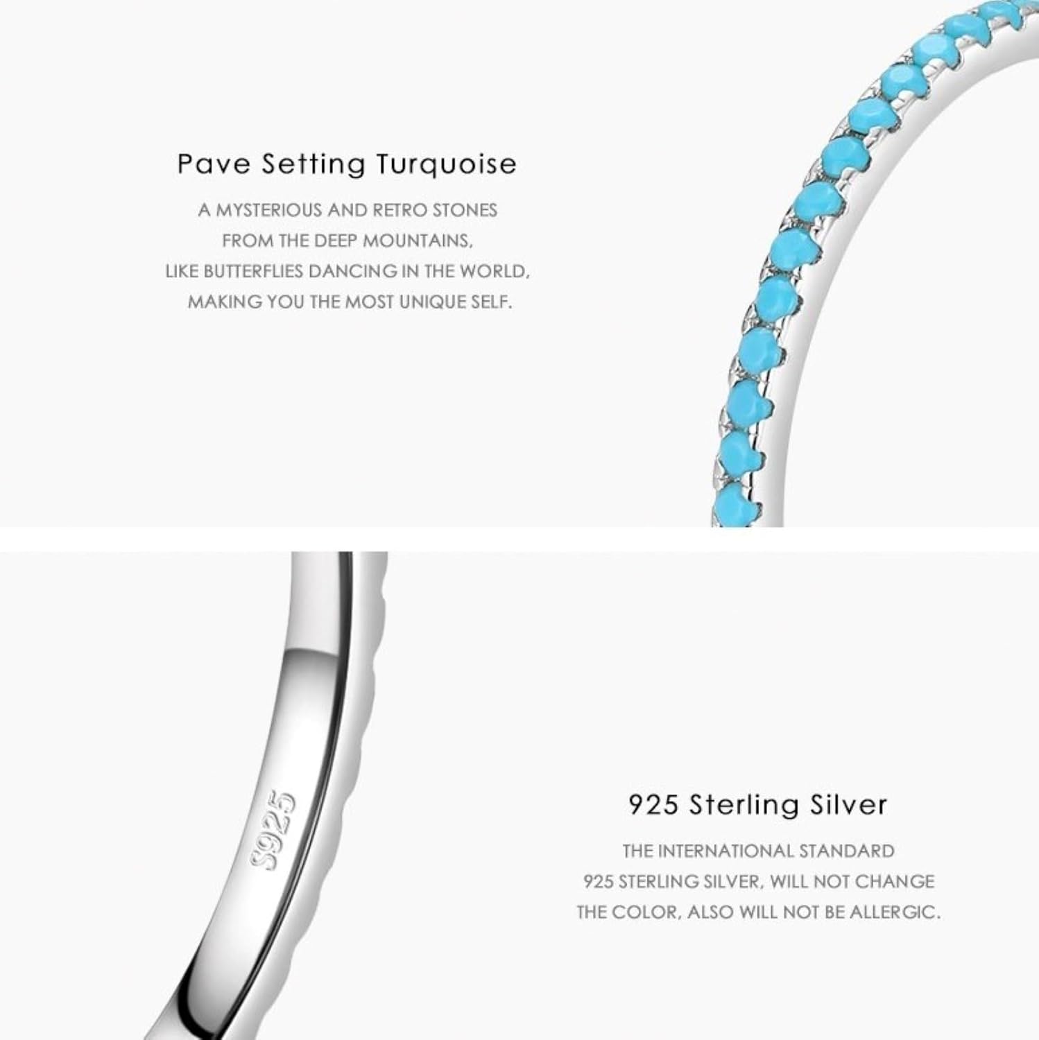 925 Sterling Silver Wedding Band Turquoise Eternity Stackable Engagement Ring, Stackable Ring Eternity Bands for Women, 1.4mm