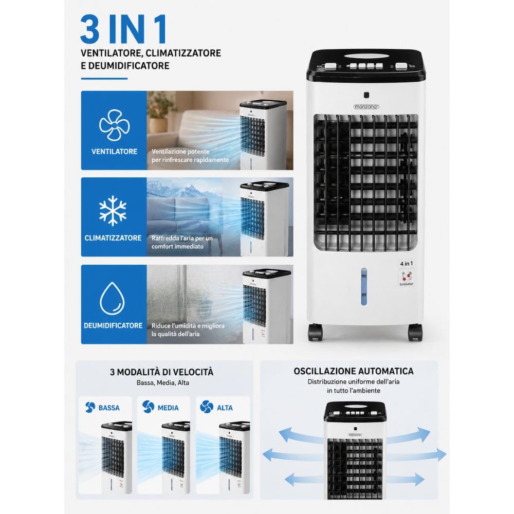 Raffrescatore portatile 3 in 1 Cecaro Group – Ventilatore, Raffrescatore e Deumidificatore con Serbatoio 5L – 3 Velocità, Oscillazione Automatica, 50W