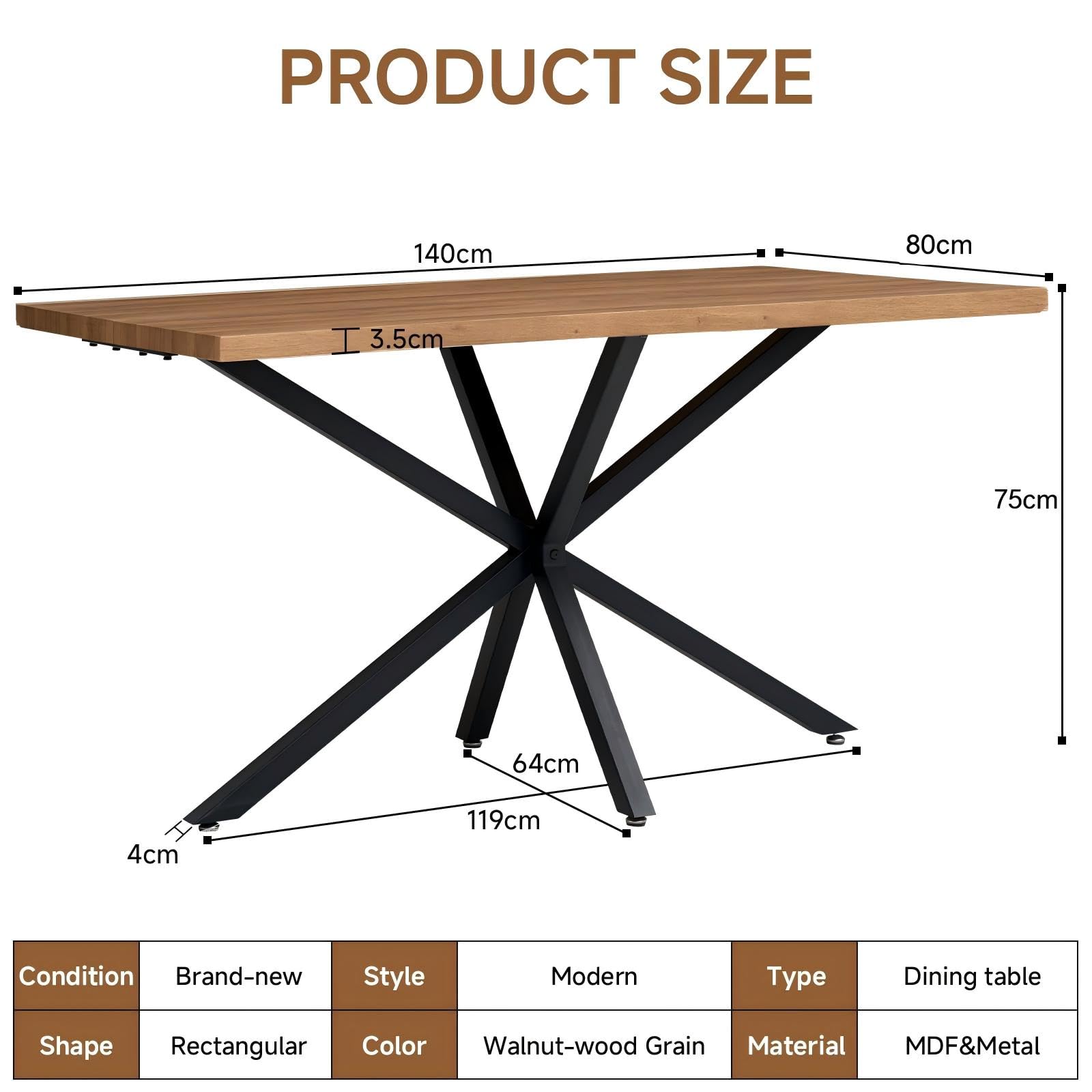 Table à Manger Rectangulaire de 140 cm pour 4 à 6 Personnes, avec Pieds en Métal Robustes, Idéale pour Le Salon ou la Salle à Manger. (Marron)