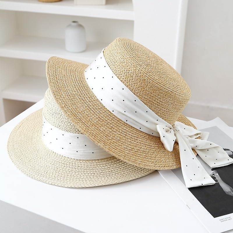 Sombrero de Paja de ala Ancha y Plana para Mujer,Ligero,con Lazo de Lunares de Satén,Transpirable,Resistente A Los Rayos UV,para Playa,para Caminar y Viajar