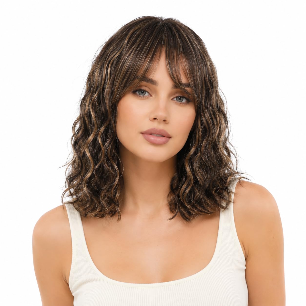 40 cm Body Wave Perücke mit Pony, Dunkelbraun-Honigblond Balayage Highlights, 100% Echthaar Perücke für Frauen, Weiche Wellen, Färbbar & Blondierbar, Pflegeleicht für Alltag und Party