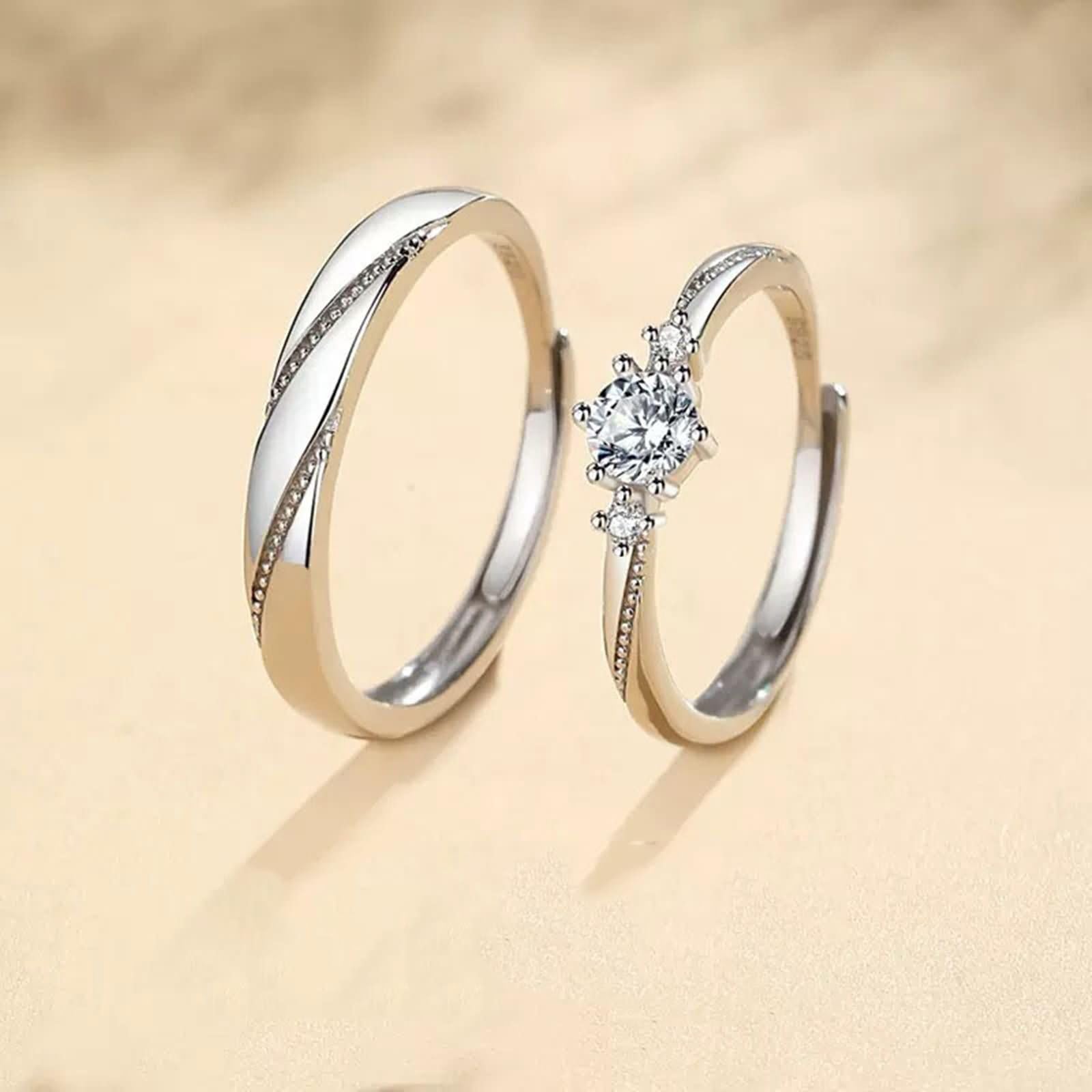 Anelli Fidanzamento Regolabili Coppia con Incisione Personalizzata Lui e Lei Argento 925, Rotondo con Zirconia Cubica, Anello Argento Donna Fidanzamento