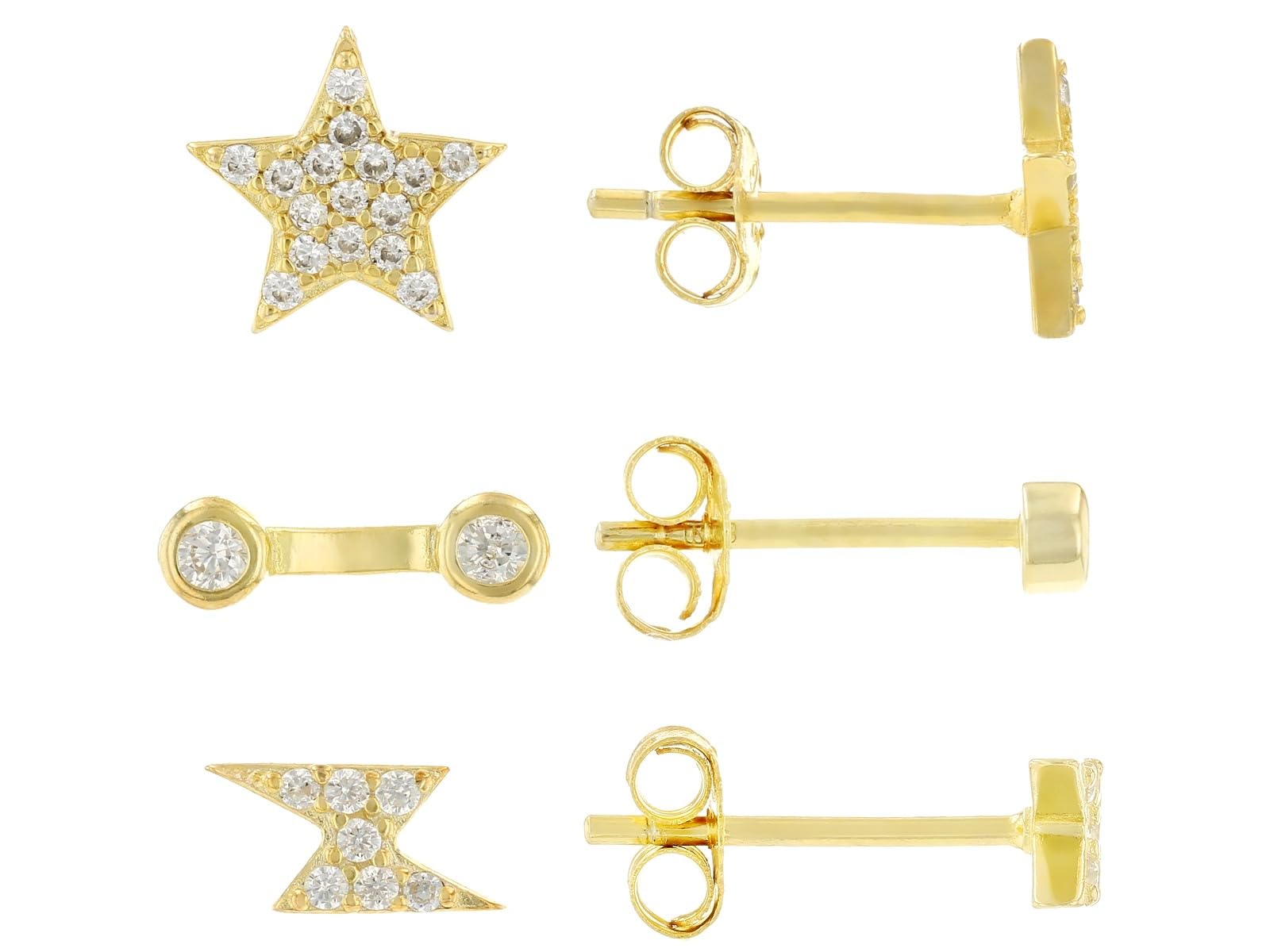 JTV White Cubic Zirconia Stud Earrings Set for Women - 18K Yellow Gold Over Sterling Silver - 0.79 CTW - Nickel-Free - Diamond-Look Studs