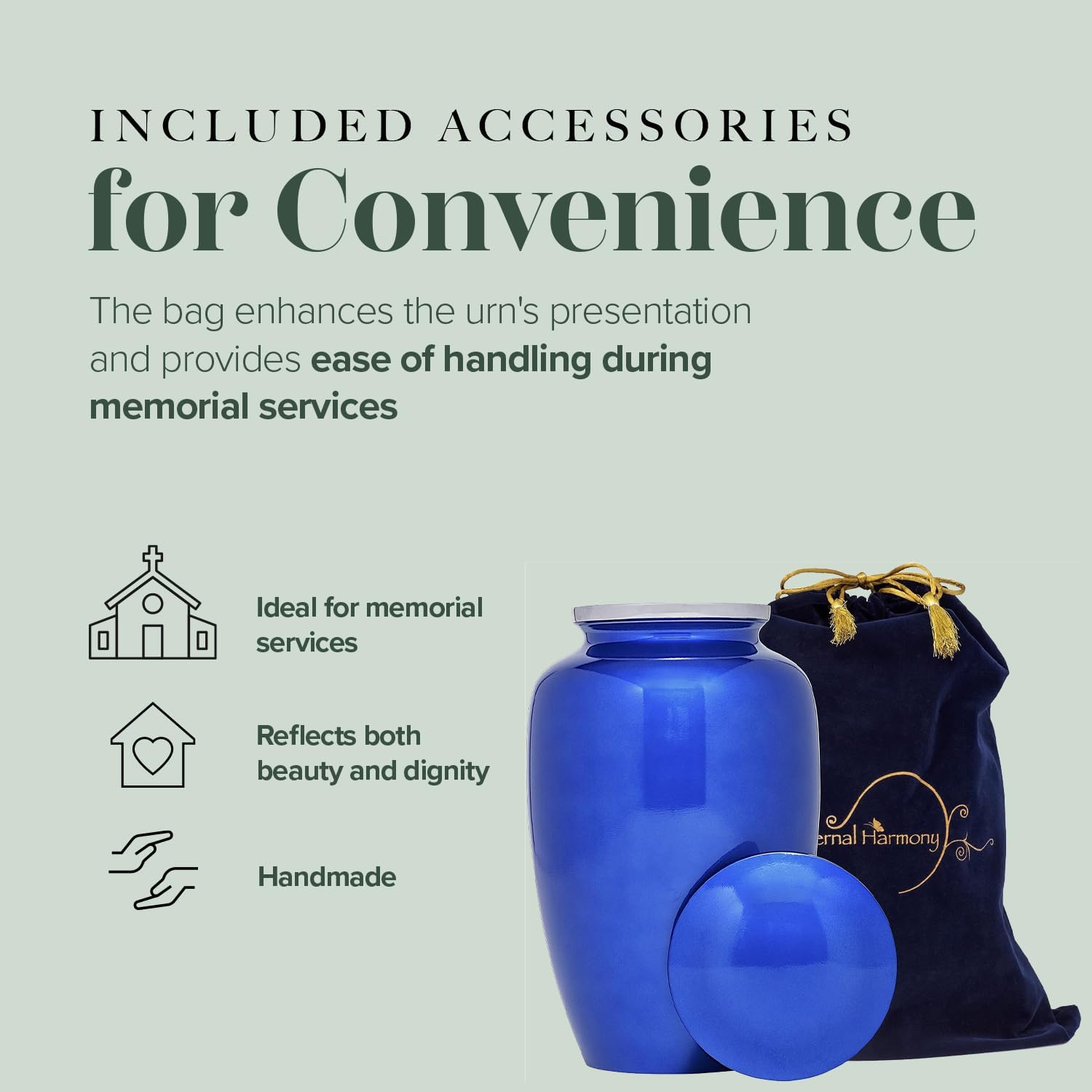 Eternal Harmony Large Urn for Ashes, Adult Male & Female Cremation Vase for Human Ashes, Secure Seal & Velvet Bag, Funeral Vase for Men & Women Up to 200 lbs, 7x11” (Large, C Blue)