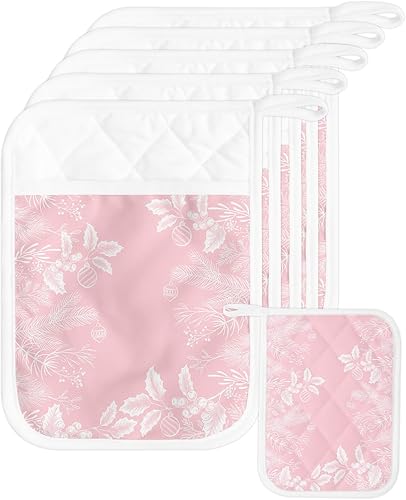 Pink Pine Tree 4Pcs Pot Holders for Kitchen,Non Slip & Heat Insulation Terry Cloth Potholder Set with Pocket,Thick Hot Pad Oven Mitts Trivet Coaster