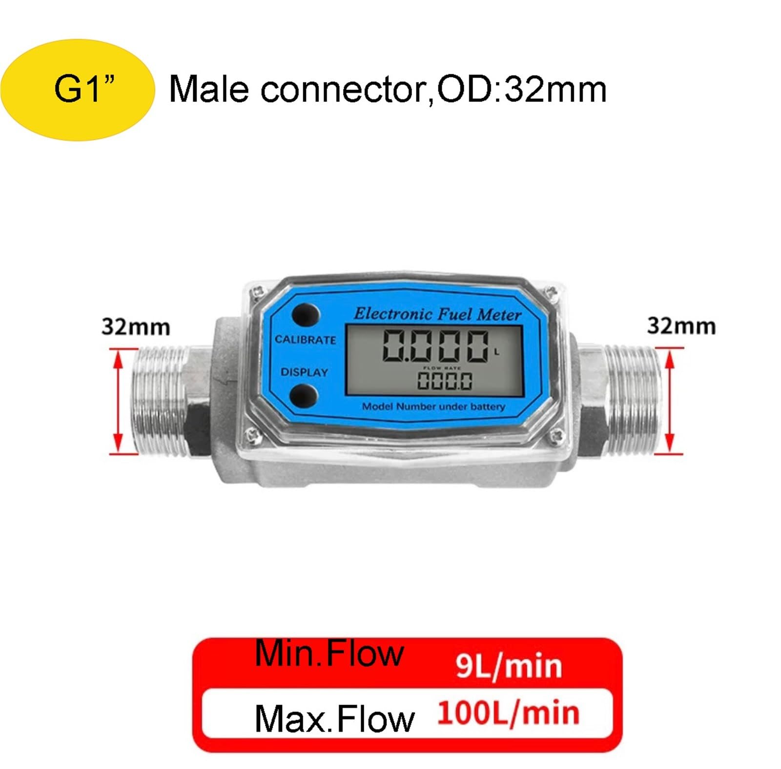 Flüssigkeits-Elektronischer Turbinendurchflussmesser, digitales Durchflussmesser, Methanol Diesel aus Aluminiumlegierung, 1 Stück (G1 männlich, OD32 mm)