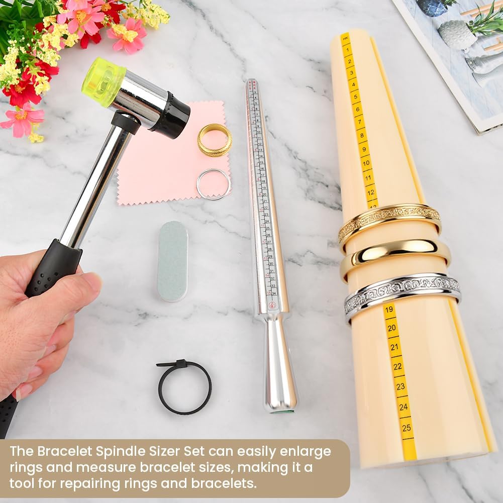 Jewelry Ring Sizer Tools Including Ring-Mandrel Sizer,Rubber Hammer,Solid Metal Stick,Polishing Cloth,Polishing Stick,Adjust Ring-Sizer Guage Making Tool for Jewelry Makers DIY