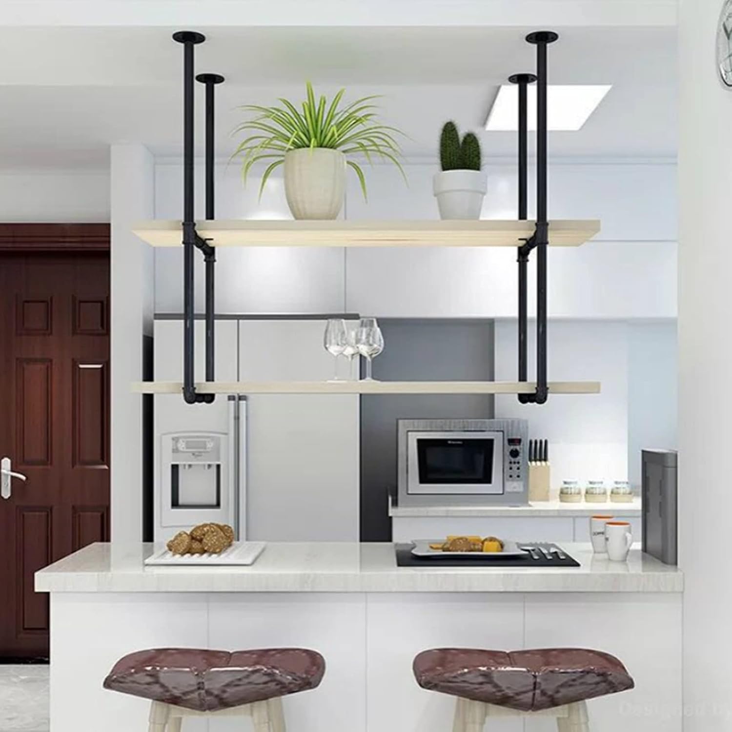 Wine Rack Ceiling Shelf Wine Rack Free Standing Industrial Style Wrought Iron Double Ceiling Hanging Kitchen/Bedroom/Bathroom/Living Room Storage Rack Book Shelf Organizer Display