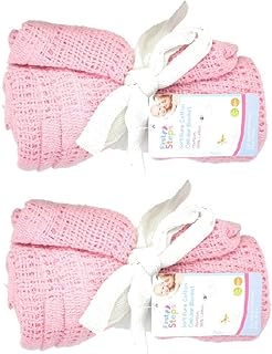 RSW Pair of 100% Pure Cotton Cellular Baby Blanket for Pram Cot Bed Moses Basket Crib in Blue Pink or White (2 x Pink)