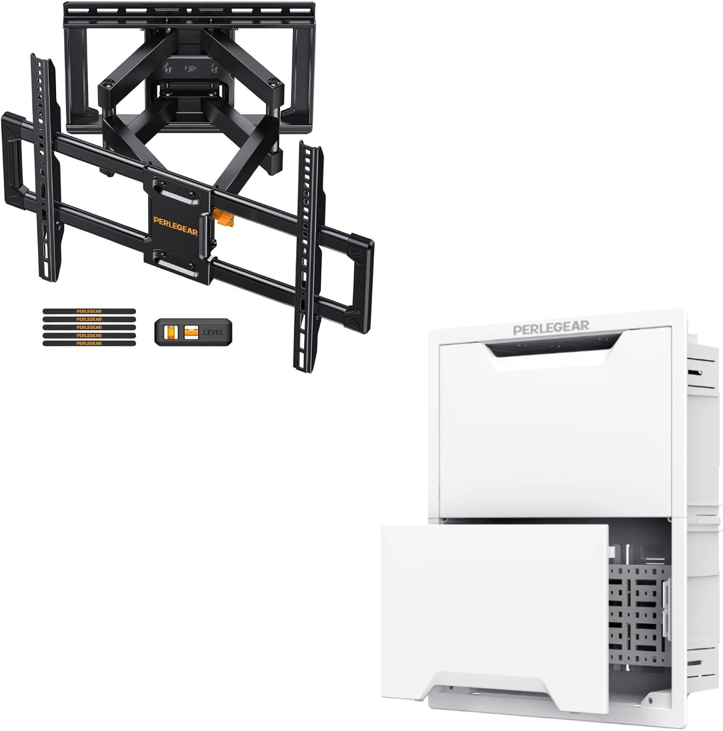 Perlegear 17″ in-Wall Media Box Recessed Outlet Box and TV Wall Mount for 42-85 inch TVs up to 132 lbs