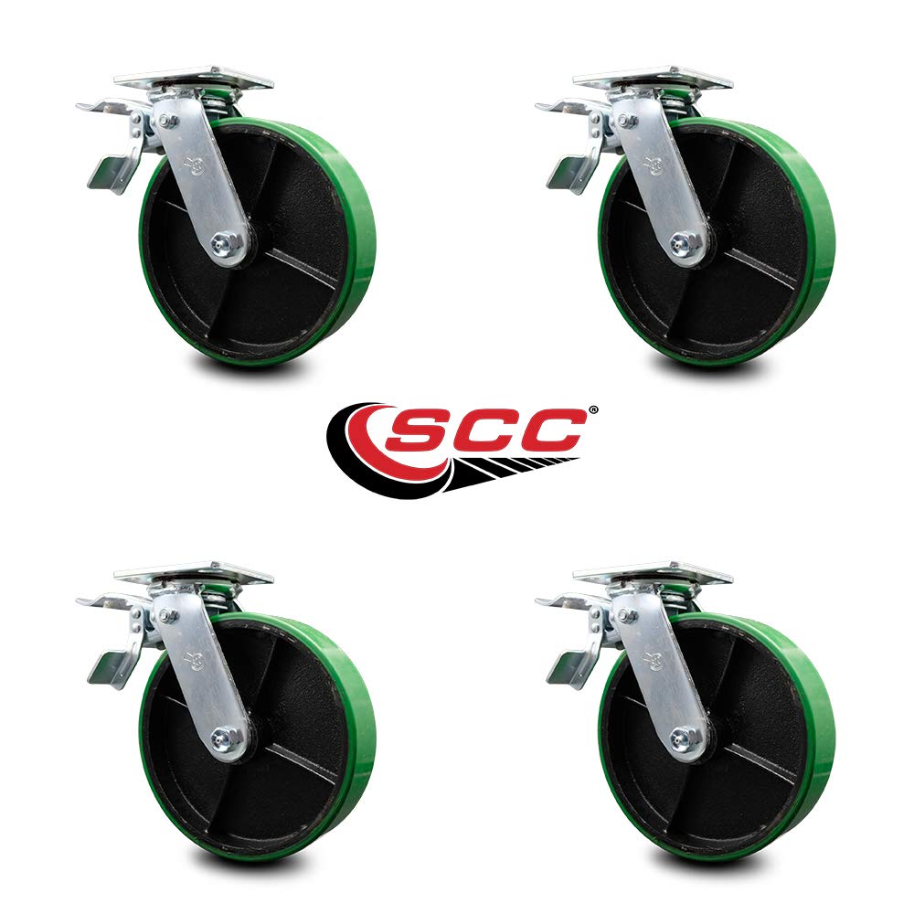 Polyurethane on Cast Iron Swivel Top Plate Casters Set of 4 Heavy Duty with 8 Inch Green Wheels - Includes 4 Swivel with Total Lock Brakes – 5,000 lbs. Total Capacity - Service Caster Brand