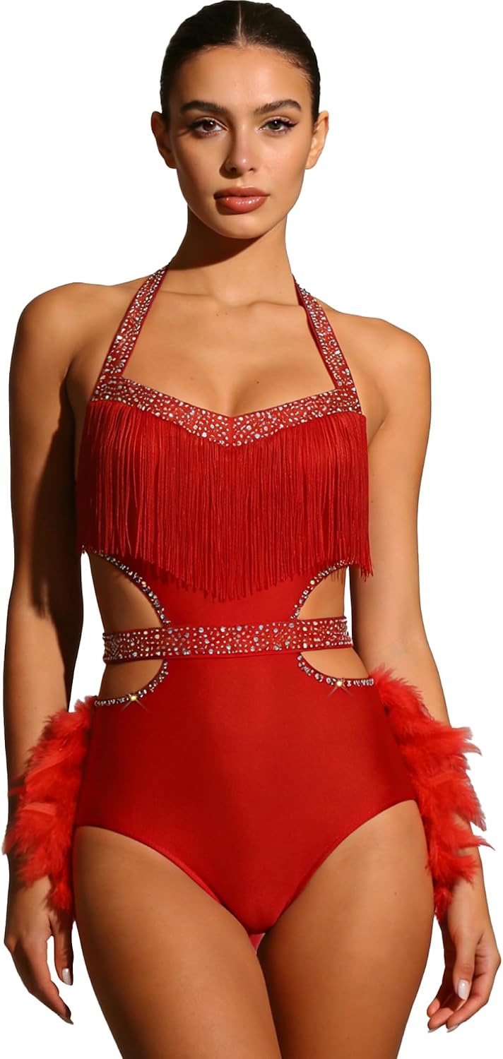 iiniim Womens Glittery Rhinestone Dance Bodysuit with Faux Feather Backless Sleeveless Leotard Jumpsuit