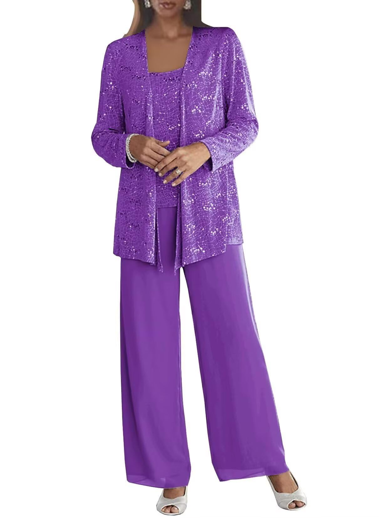 3 Pieces Chiffon Mother of The Bride Pant Suits for Wedding Sequins Grandmother of The Bride Dresses with