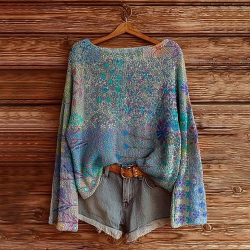 Womens Boho Sweaters Oversized Long Sleeve Knitted Pullover Tops Fall Casual Loose Tunic Shirts Print Floral Blouses2