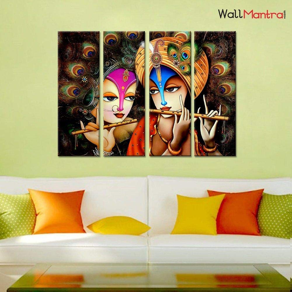WallMantra Radha Krishna Peacock Colors Wall Painting Pieces Canvas  Print Wall Hanging/Stretched and Framed on Wood 36